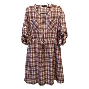 Bloomchic‎ Red Plaid Roll Tab Dress Women's 12 Pockets Cottagecore Boho Western